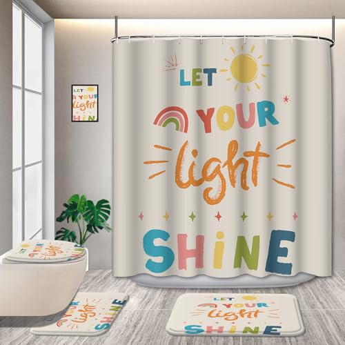 4 Pcs Quotes Colorful Kids Bathroom Shower Curtain Sets with Non-Slip Rugs Cartoon Inspirational Classical English Letter Let You Light Shine Sun Simple Classic for Child Waterproof 72*72in