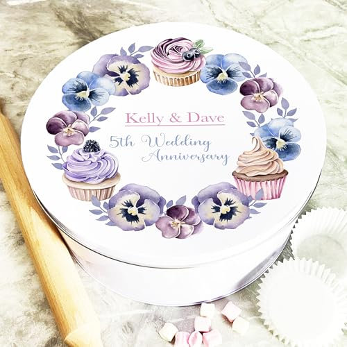 Round Frame Cupcakes Pansies Anniversary Personalised Treat Tin Personalised Gift | Custom Gift | Personalized Tin | Cake, Biscuit & Treat Tins | Gift For Her | Gift For Him