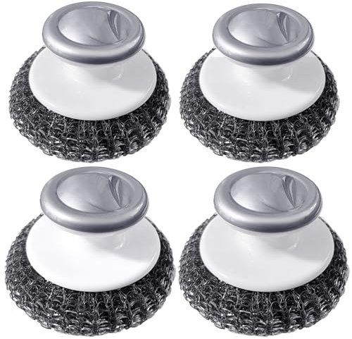 Stainless Steel Wool Scrubber with Handle, Heavy Duty Dish Scrubber, Steel Brush for Cleaning Pots, Pans, Grills, Sink (4 Pack)