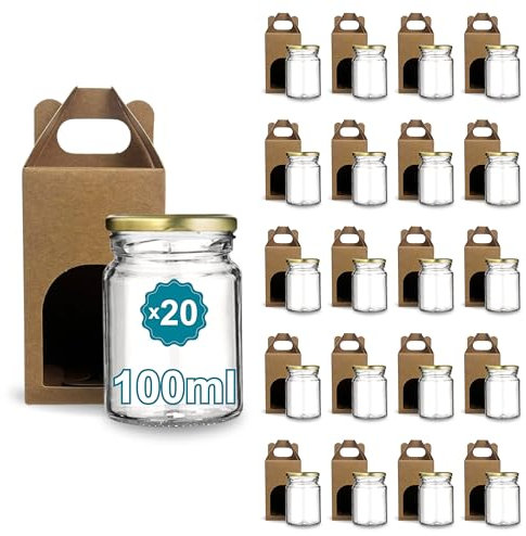 Espirito Rebelde 20 barattoli vuoti in vetro con coperchio da 100 ml con 20 barattoli di cartone per 1 barattolo di marmellata, con coperchio a vite dorato, per marmellate, conserve, miele