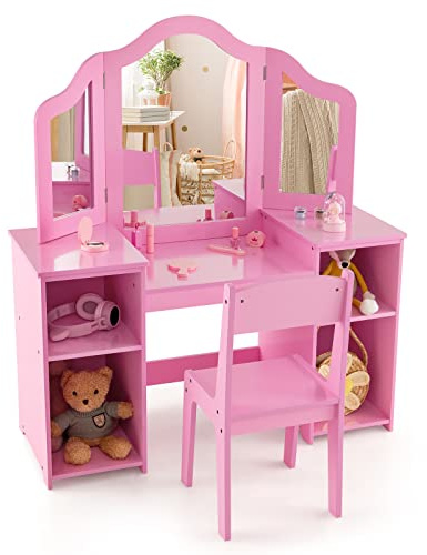 COSTWAY Toeletta Trucco 2 in 1 per Bambina 3+ Anni, Rosa | Postazione Trucco per Ragazza in Legno Robusto con 4 Scomparti, Sgabello e Specchio, 104 x 40 x 117 cm