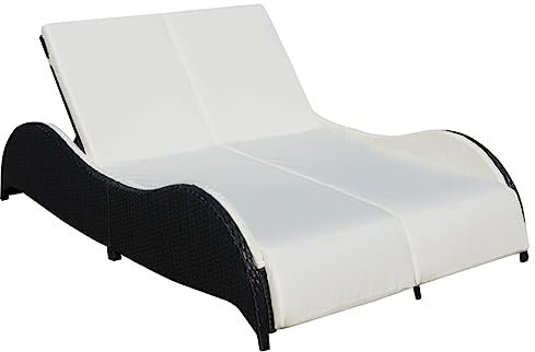 Doppel-Sonnenliege,Liegestühle für den Garten,Outdoor-Loungebett,Relaxliege,Freizeitstuhl für draußen,Terrassen-Freizeitstuhl,Verstellbare Rückenlehnen,für Balkon,mit Auflage Poly Rattan Schwarz