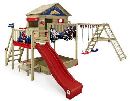Marvel's Spider-Man Saga Spielturm von Wickey - Klettergerüst, Kletterturm, Gartenspielgerät für Kinder - Outdoor Garten Spielplatz aus Holz mit Sandkasten