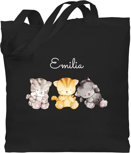 Baumwolltasche - Katze - Süße drei Katzen mit Name Katzenmotiv - Unisize - Schwarz - cat cats katzenmotiven stofftasche katzenliebhaber katzenliebhaberin personalisierbar umhängetasche frauen