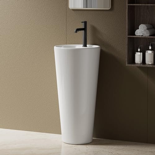 Pedestal Basin Sink Bathroom, Round Free Standing Basin Sink, Ceramic Single Wash Basin with Over Flow for Cloakroom, Modern White Floor Standing One Piece Sink, 15.8” Dia x 33” H,Findepot