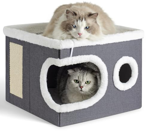 Large Cat Cave Hideaway with Fluffy Ball Hanging and Scratch Pad, Covered Bed for Multi Small Pet Large Kitty (Dark Gray, L)