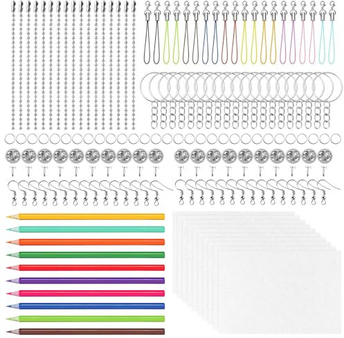 Waltool 161Pcs Shrink Films Paper Kit Includes Shrinking Plastic Sheets, Keychain Accessories, Earring Hooks, Drawing Pencil, Key Chain Making Set for DIY Bookmarks Gift Tags Paper Crafting Supplies