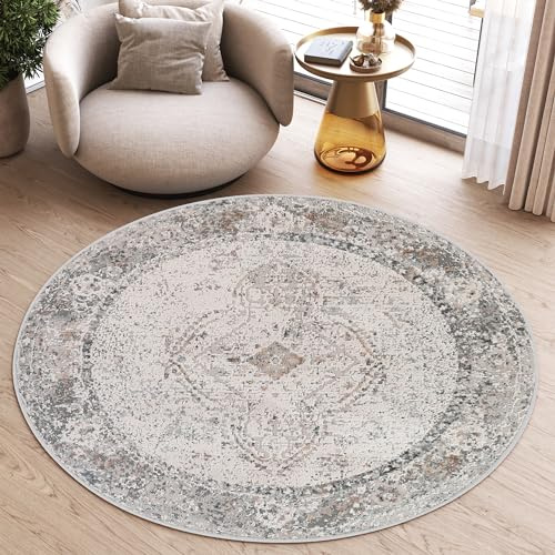 TAPISO Valley Rund Teppich Kurzflor Vintage Creme Weiß Grau 120 x 120 cm | Rahmen Design Used Effekt Meliert Verwischt Wohnzimmer Schlafzimmer OEKO-TEX