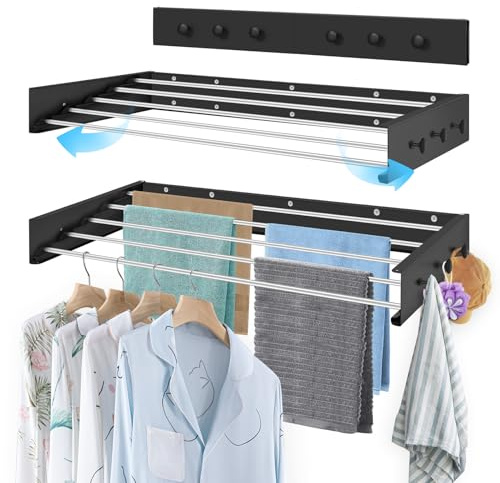 Joyoleder Wäscheständer Wandmontage,80 cm wäschetrockner Wand platzsparend ausziehbar mit 6 Handtuchhaken,Wand Wäschetrockner für drinnen oder draußen,Balkon, Terasse（Schwarz）