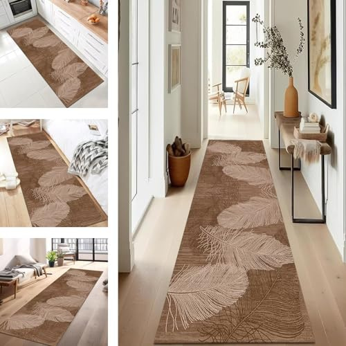 SUCERU Teppich Läufer Flur Diele Küche rutschfest Waschbar Braun Dauerhaft 50X200CM Abstrakt Teppichläufer für Wohnzimmer Korridor Schlafzimmer Büro Esszimmer Flurläufer Anpassbar Meterware