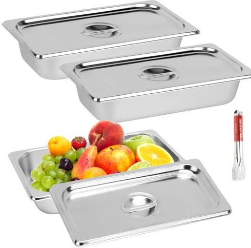 NZZVNZ Set di 3 ciotole in acciaio inox con coperchio, 32,5 x 17,5 x 6,5 cm, per impanare, pane, pane, scatole per alimenti, per cotolette, carne, pesce