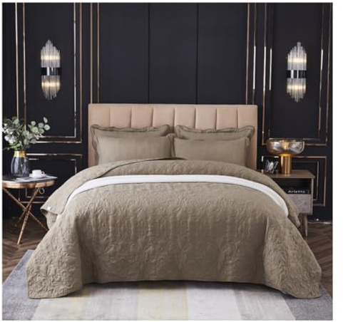 GTOULHH Parure de Lit Couvre-lit 3 Pièces Matelassé en Relief par Les Quatre Saisons, Couvre-lit Universel avec 2 Taies d'oreiller, Ensembles De Couette Linge de Lit et Oreillers(Bruin,220x240cm)