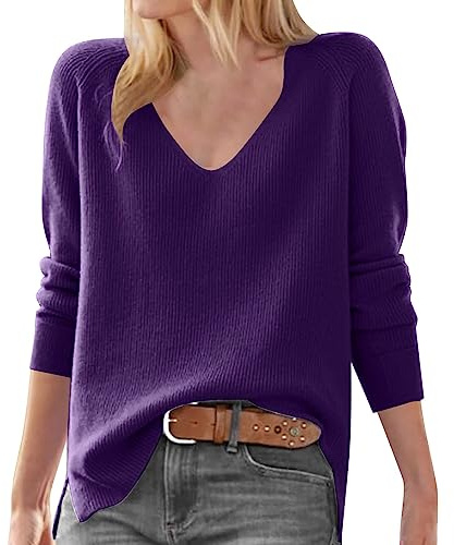 Maglioni da donna a maniche lunghe con scollo a V, maglione loose, girocollo in lana merino, maglione invernale in lana fine - Maglione in lana tinta unita morbido lavorato a maglia