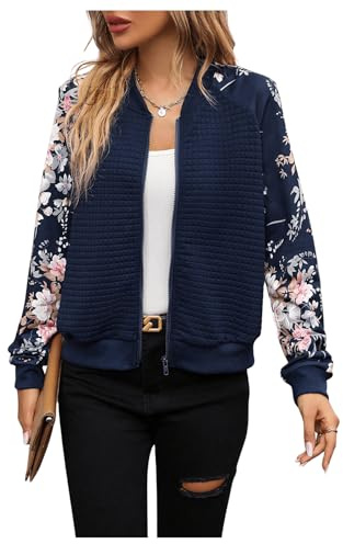 GORGLITTER Damen Bomberjacke Winter Jacke Mit Reißverschluss Strickjacke Blouson Jacke Leichte Fliegerjacke Übergangsjacke Dunkelblau S