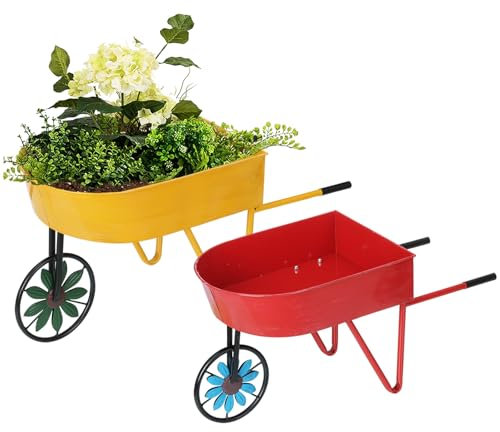 BAYN Metal Wheelbarrow Flower Cart Planter, 2 Packs Plant Stands with Triangular Support Handles Non-Rolling Wheel Vintage Wagon Planter Pots for Home Patio Garden Backyard Rustic Outdoor Decor