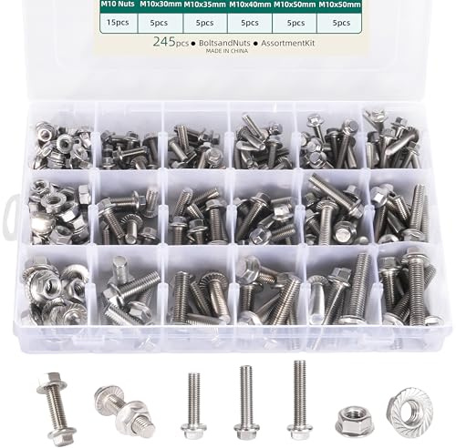 245 PCS M6 M8 M10 Heavy Duty Flanged Bolts and Nuts, Flanged Hex Screws Nuts Kit, 304 Stainless Steel Serrated Nuts and Bolts, Flange Metric Bolt Assortment, 15 Sizes Hex Bolts Nuts