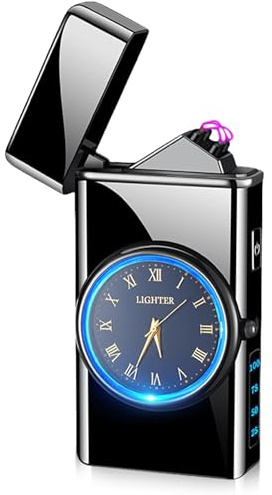 USB Elektronische Feuerzeug, Lichtbogen Feuerzeug mit LED-Beleuchtung Funktion und Uhr, Electric USB Lighter LED Dual Lichtbogen Feuerzeugs mit Batterieanzeige Winddicht Plasma Feuerzeugs, Schwarz