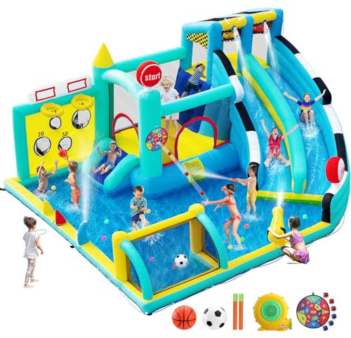 SportBob Hüpfburg für Kinder Outdoor Indoor, Aufblasbare Bounce House Hüpfburg XXL mit Gebläse, Trocken-/Wasserrutsche, Springen, Planschbecken, Kletterwand, Wasserspray, 470×400×220cm