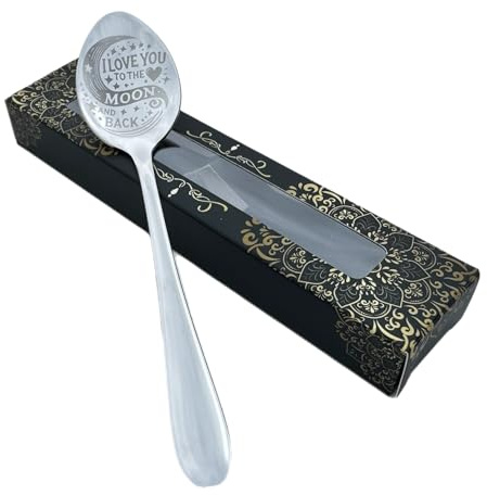 Engraved Teaspoon I Love You to the Moon and Back 15cm Stainless Steel Available in Silver or Purple, Luxury Gift Box Included, Sentimental Keepsake Gift for Birthdays, Anniversaries (Silver)