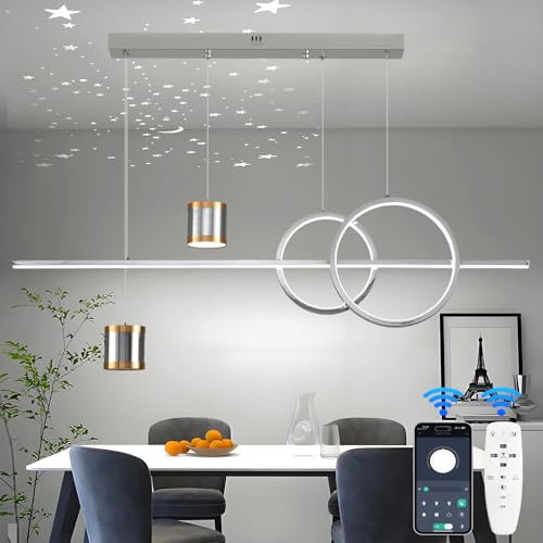 Qiaomao LED Pendelleuchte Esstisch Hängelampe Wohnzimmer Modern 49W Sternenhimmel Konvergiert Kronleuchter Dimmbare Hängeleuchte mit Fernbedienung Esszimmerlampe 120cm Höhenverstellbar, Silber