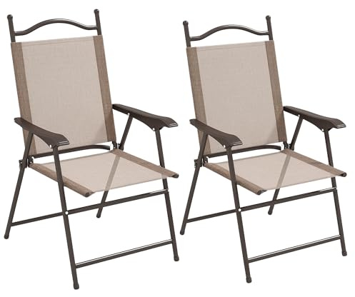 Outsunny Folding Chairs Set of 2, Garden Chair with Armrest, Breathable Mesh Fabric Seat, Camping Sports Chairs for Adults, Mixed Brown