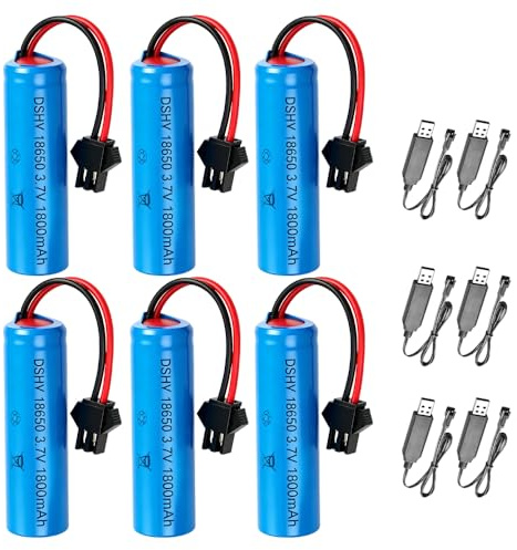 Bateria 18650 Recargable 3.7v, 6Pcs 1800 mAh Pila 18650 Recargable 3.7v Litio con 6 Cargadores USB SM-2P Conector de Enchufe, Bateria Litio 3.7v para RC Coches Teledirigidos, Mandos a Distancia
