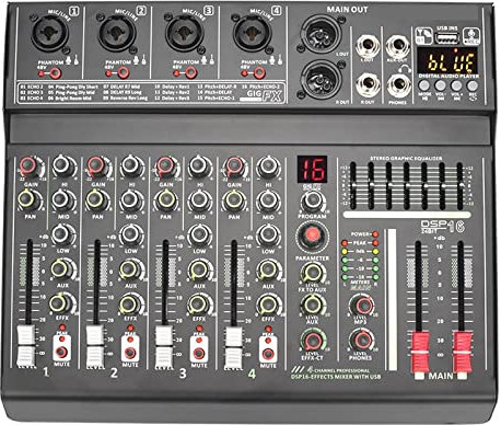 ABBNIA Mezclador de Audio con Fader de 70 mm, 4 Canales, Ecualizador de 7 Bandas, 16 Efectos, Consola de Mezcla Individual de 48 V, reproducción USB, Mesa de grabación