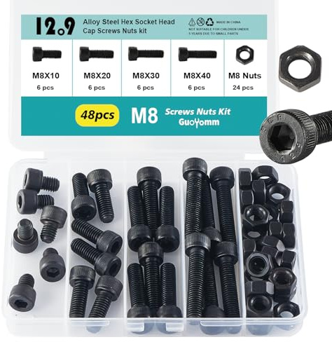 GuoYomm 48 Stück M8 Schrauben Set, Zylinderschrauben mit Innensechskant Schrauben Set, Schwarz Maschinenschrauben Muttern Set, 12,9 Grad Kohlenstoffstahl, Längen: 10mm 20mm 30mm 40mm
