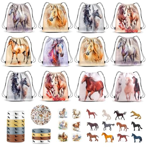 SneiDr 86 Pferde Party Mitgebsel Kindergeburtstag mit Sportbeutel Aufkleber Pferde Figuren Silikon Armbänder Western Cowboy Pferdespielzeug Geschenk für Kinder Ostern Weihnachten Geburtstag