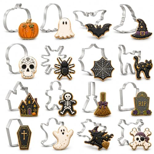 Halloween Ausstechformen Set, 16 Ausstecher aus Edelstahl für Kekse | 16 verschiedene Halloween-Motive – mit Kürbis, Geist, Fledermaus, Hexenhut, Spinne, Katze und mehr