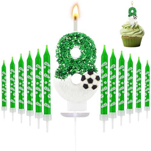 13 Pezzi Compleanno Candele,3D a Calcio Candele,Numero 8 Candele di Compleanno Verde Calcio Candel Torta Decorazione, Adatto A Feste di Compleanno Festa Baby