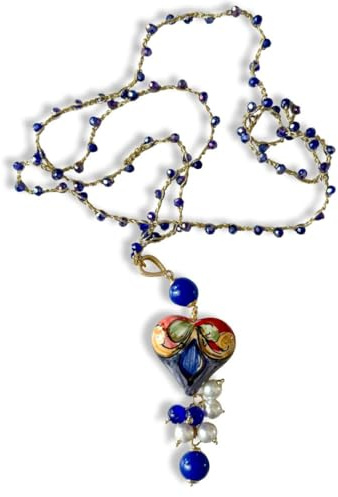 Collana all'uncinetto con perline e ciondolo a cuore in ceramica (Blu)