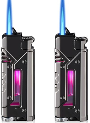 Accendino a gas ricaricabile, 2 pezzi, antivento con luce a LED, accendino jet con finestra visibile, accendino a gas, fiamma in metallo, per cucina, camino, nero