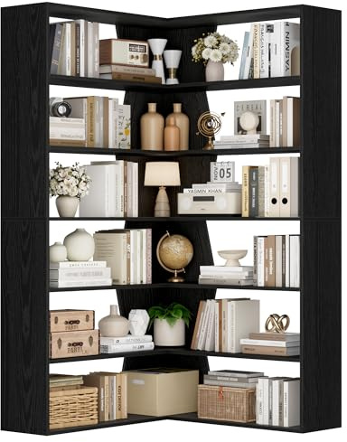 FirFurd Bookcase 6 Tiers Corner Bookshelf Black Tall Bookcase Free Standing with Open Storage Display Rack L-shaped Book Shelf for Living Room Home Office 90x90x190.5cm