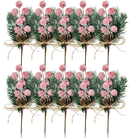 Choisonye 10Pcs Red Christmas Berries Stems, Snow Covered Artificial Pine Picks and Sprays Xmas Berry Picks with Pine Cones for Christmas Tree Decorations, DIY Wreath Garland Gift Wrapping