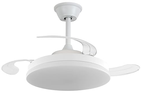 NARVI Ventilador de techo | 50 cm Diámetro | 3 Palas retráctiles transparentes | Motor DC 30W | Luz LED 45W Regulable en intensidad y color |con Mando a distancia | Color Blanco