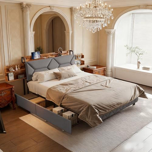 Bett 140x200, Polsterbett Doppelbett mit Type-C und USB, 4 Schubladen, Kopfteil mit Verstecken Stauraum, Bettgestell mit Lattenrost, Modern Jugendbett Erwachsenenbett, Grau, Leinen, Ohne Matratze