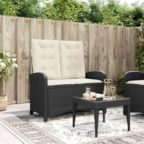 IBUQDDV Verstellbare Gartenbank mit Kissen in Schwarz aus Poly Rattan, PE Rattan Sessel mit Verstellbarer Rückenlehne und abnehmbaren Bezügen, wetterbeständige Outdoor Sitzbank