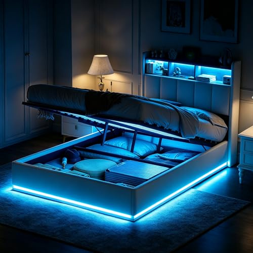 Lit Coffre 90x200 avec éclairage LED et USB, lit 1 place avec Espace de Rangement hydraulique et Tete de Lit, Lits Simple 90x200, Lits Rembourré Cadre de lit avec Sommier à Lattes(sans Matelas)