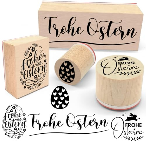 Ostern Stempel 4 Stück, Stempel Frohe Ostern, Holzstempel,Osterstempel für Eierstempel,Osternbasteln,Geschenkpapier Scrapbooking