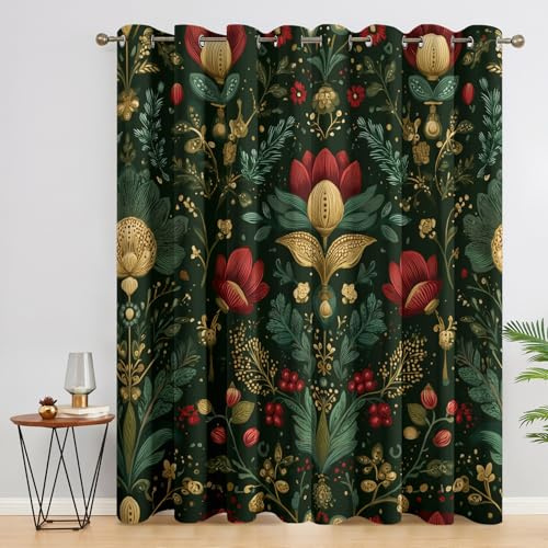 Generisch Vorhänge Schlafzimmer Blumenmuster Dunkelgrün Motiv, Morris Stil Botanisch Blickdichte Gardinen Wohnzimmer Deko, 2er Set H 220 x B 140, Thermo Verdunklungsvorhänge mit Ösen XD88