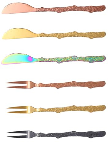 BESPORTBLE Set 6 Forchette e Coltelli da Dessert in Acciaio Inox, Forchette a Due Punte Colorate per Frutta e Mooncake, Posate da Cucina per Buffet, Bar e Ristoranti Colore Colore Casuale