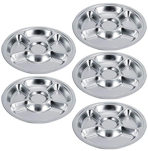 5 platos de cena redondos divididos de acero inoxidable 304 grueso, bandeja de servicio de 3/4/5 secciones para niños, vajilla con compartimentos profundos y esquinas lisas para el (5 rejillas)