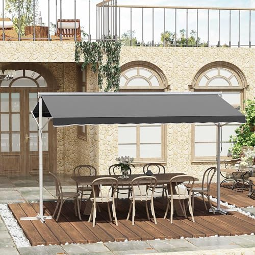 HOMELEN Freistehende Markise 4x3 m, neigungsverstellbar mit Handkurbel, wetterfester Polyester-Baldachin (280 g/m²), UV-Schutz & Hitzereduktion, stabiles Metallgestell mit Kreuzbasen – Grau