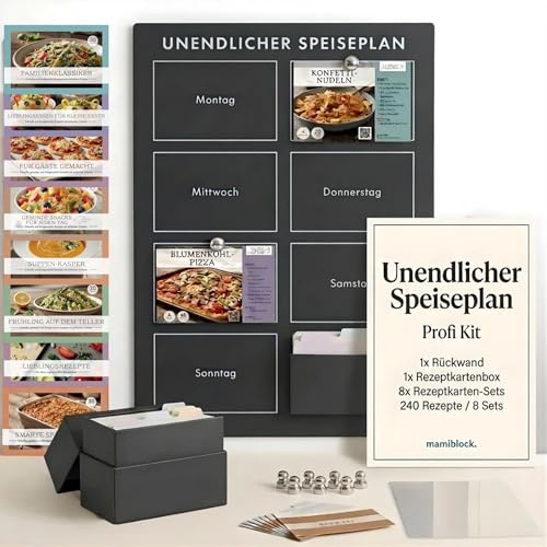 mamiblock Unendlicher Speiseplan – Magnetischer Wochenplaner (Anthrazit) | Mit 8 Rezeptkarten-Sets (240 Rezepte), inkl. Rückwand, Box & Schutzhülle – BPA-frei.