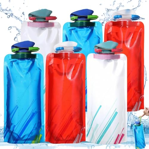 6 Pezzi Borraccia Pieghevole 700ML, Bottiglia Riutilizzabile con Moschettone, Portatile Bottiglia Pieghevole, Bottiglia d'acqua Pieghevole per Escursioni Avventura Viaggi