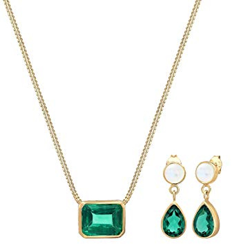 Elli PREMIUM Schmuckset Damen Geo Mondstein Quartz Edelstein in 925 Sterling Silber vergoldet