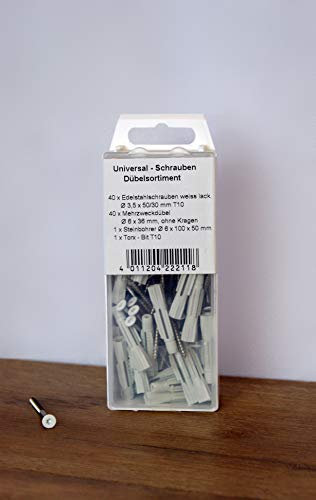 Leisten Hofmeister | 40 Edelstahlschrauben mit weißem Torx-Kopf | 3,5x50mm | 40 Dübel 6mm | 1 Steinbohrer 6mm | 1 Torx Bit T10