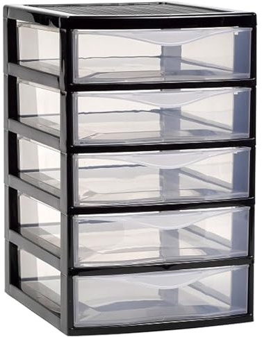 Acan Tradineur - Cajonera guadiana de sobremesa, incluye 5 cajones transparentes, torre de almacenaje, armario, baño, oficina, fabricada en España (Negro - 28 x 18 x 21,5 cm - Modelo aleatorio)
