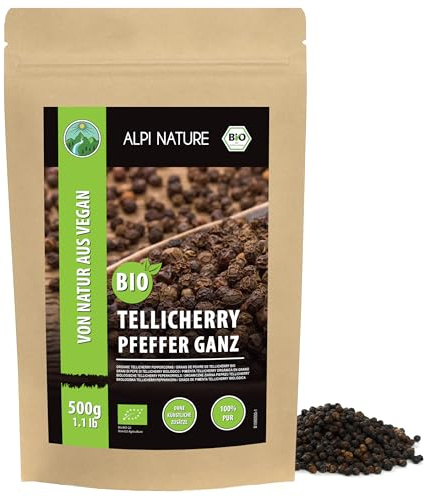 Alpi Nature Tellicherry Peppar BIO 500g, Hela Tellicherry Svartpepparkorn, Svart Pepparkorn